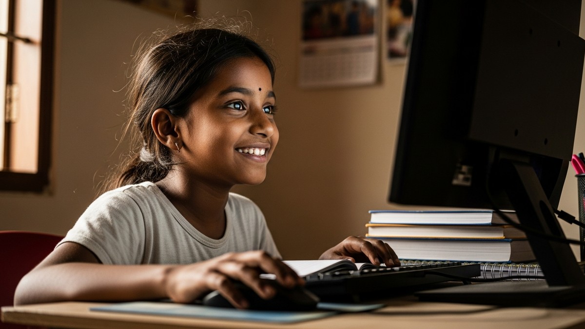 A computer for students helping an Indian girl study at home