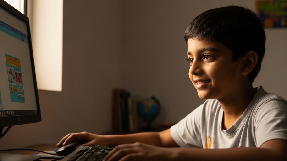 A digital learning environment helping a comfortable young student in India