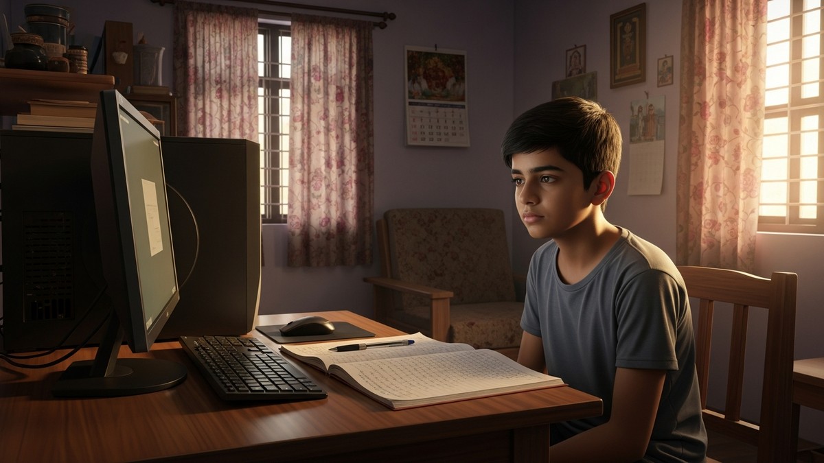 Indian student trying to build study habits for students at a small home desk