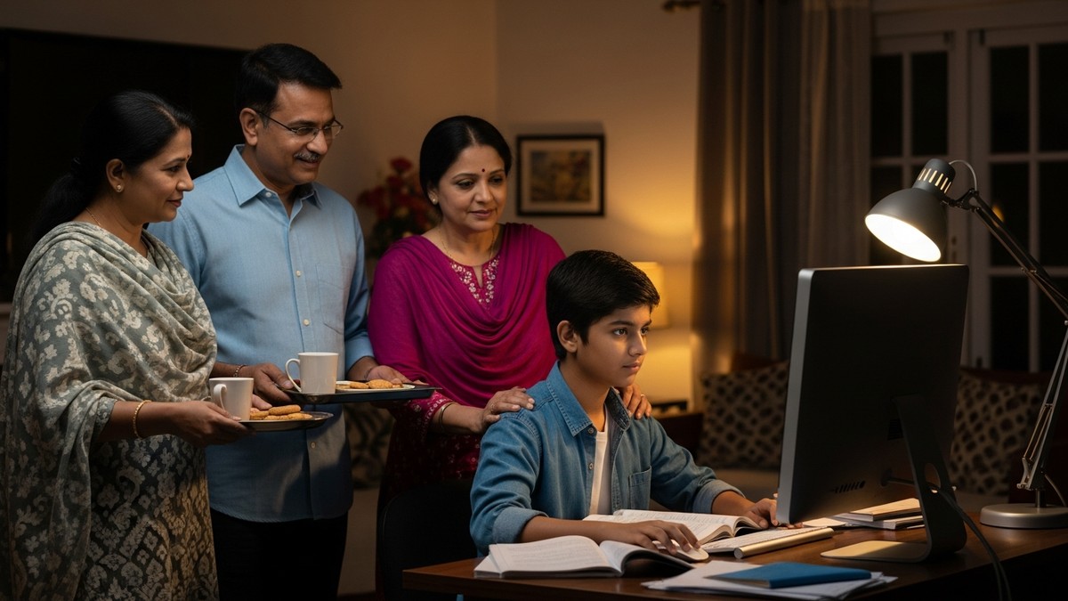 Parents supporting student during exam preparation