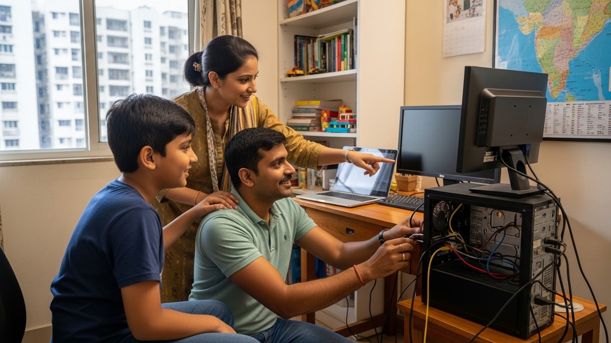 Parent setting up study computer for child in Mumbai